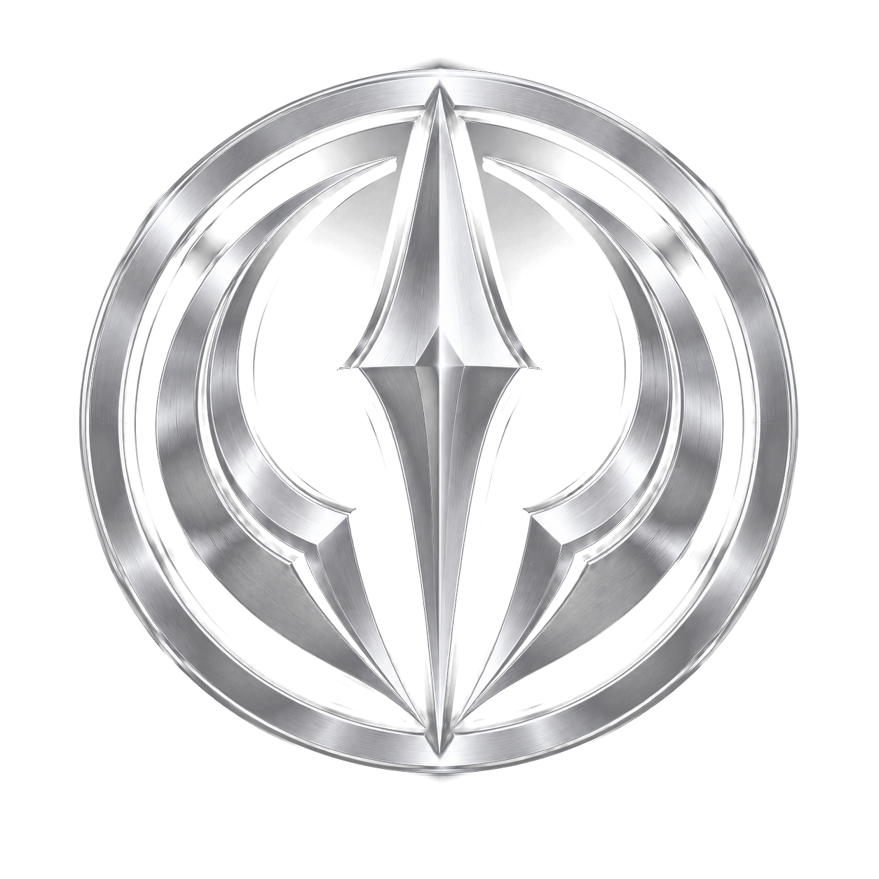 TOCIO platinum insignia: a central vertical spear-shaped form between symmetric curved blades, framed by a circle
